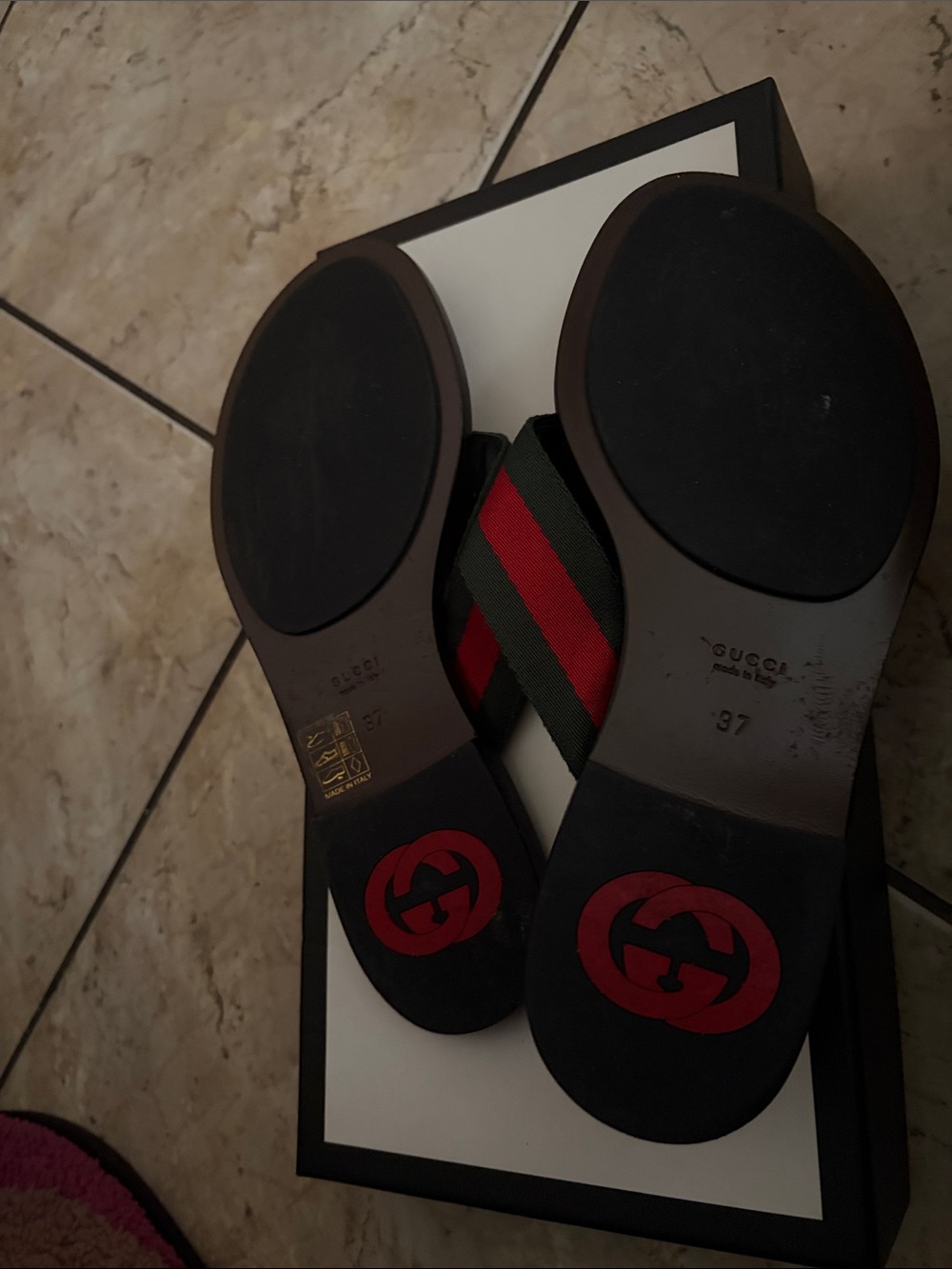 Gucci Brown Red Green GG Logo Leather Thong Sandals with Gold Double G - Picture 3 of 4